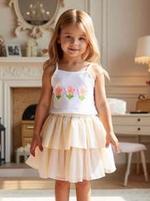 Young Girl 3D Floral Print Top And Solid Color Cake Skirt Shorts Summer Cute Sweet Outfit - White - View 8