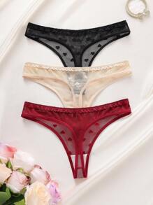 SHEIN 3pcs/Pack Women Low Waist Lace Thong Panties, Random Heart Pattern