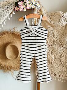 SHEIN Vintaside Kids Baby Girl Summer Fashionable Stylish High-End Striped Camisole Top And Matching Striped Long Wide Leg Pants 2-Piece Set, Suitable For Summer Camping, Vacation, Leisure Or Attending Parties