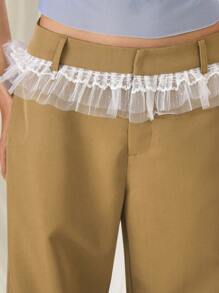 SHEIN MOD Women Mesh Patchwork Pockets Casual Versatile Wide Leg Pants, Lace Ruffle, Solid Color Low Waist Wide Leg Loose Casual Pants, - Khaki - View 5