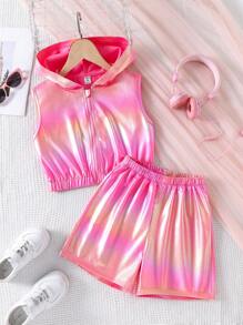 2 件套 Tween Girls 彩虹色涂层面料前开式无袖短款上衣和休闲短裤套装，夏季 - 玫紅色 - 查看 1