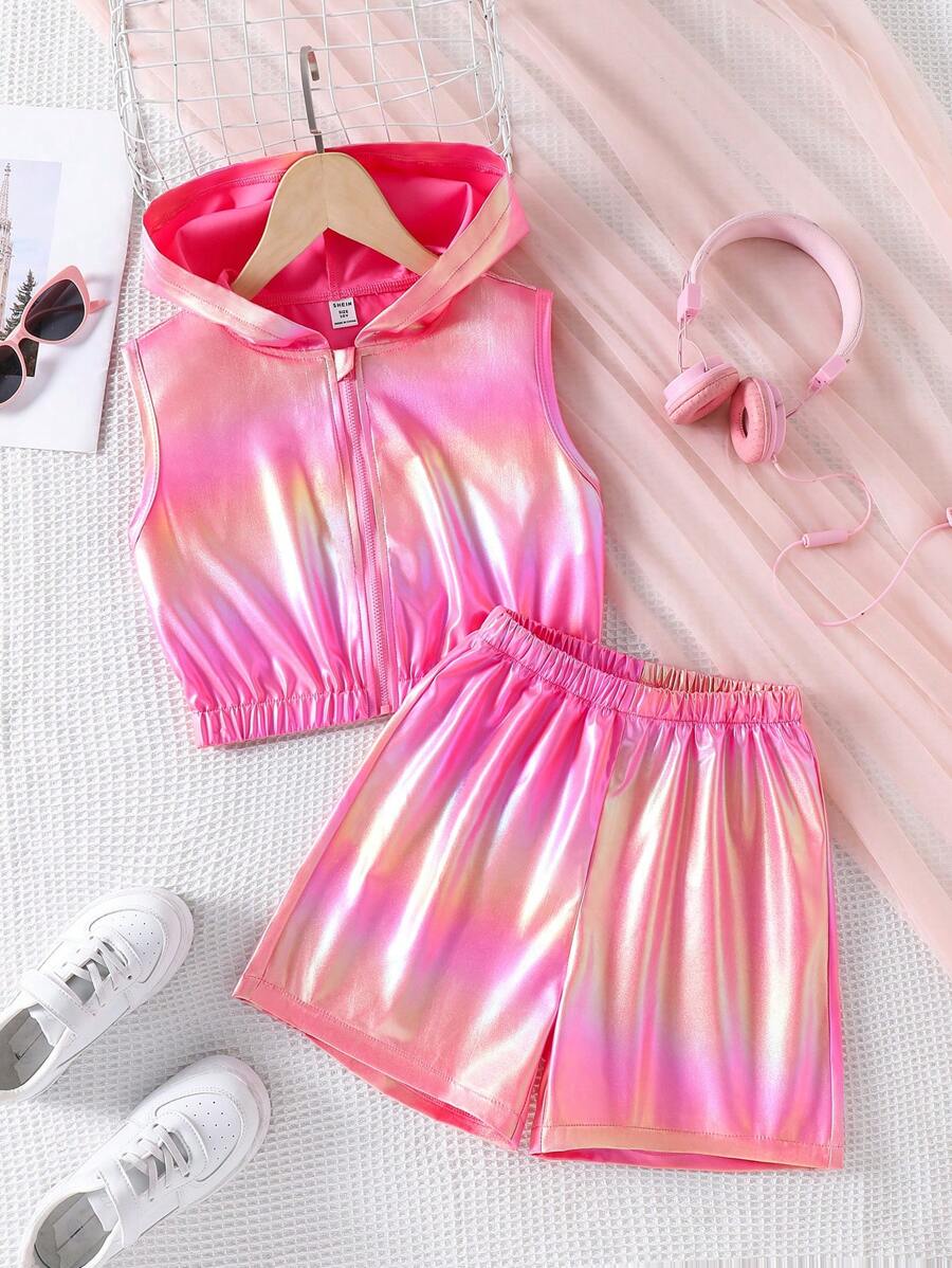 2 件套 Tween Girls 彩虹色涂层面料前开式无袖短款上衣和休闲短裤套装，夏季 - 玫紅色 - 查看 1