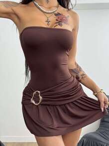 Coolane 女士夏季西部牛仔风街头服饰 Y2K 西部度假装低腰棕色毛衣短裤 - 棕色 - 查看 2