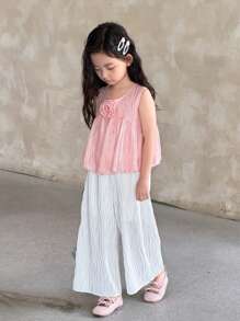 Conjunto de 2 piezas de blusa sin mangas con decoración floral dulce y pantalones de pierna ancha a rayas para niña joven, moda de verano - Rosa - Ver 4
