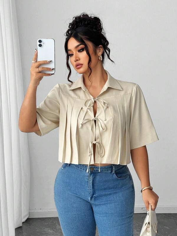 Elenzga Blusa elegante con pliegues y lazo delantero para mujer