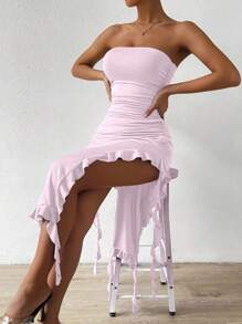 Zolique Solid Color Pleated Ruffle Trim Sleeveless Bodycon Dress For Summer, Pink Corset Dress, Split Dress, Ruched Dress, Dress With Slit - Mauve Purple - View 5