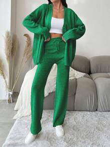 EURMUSE 2pcs Women's Plain Front Button Long Sleeve Minimalist Sweater And Pants Casual Set - Green - View 4