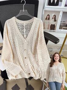 Calvaya 大码深 V 领长袖孔眼刺绣休闲开衫，适合冬季 - 米色 - 查看 4