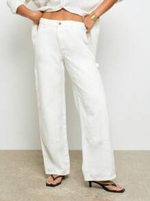 AiiRZ 宽松实用工装牛仔阔腿牛仔裤，带贴袋，撞色标签细节，休闲秋冬风格 - 白色 - 查看 4