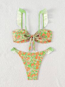 SHEIN Swim Women Summer Beach Vacation Ruffled Removable Strap Crop Top And Side Flare String Bikini Bottom - Multicolor - View 7