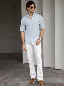 Manfinity Homme Camiseta casual de punto con cremallera hasta la mitad del pecho y manga corta de unicolor para hombre, P, para amigos