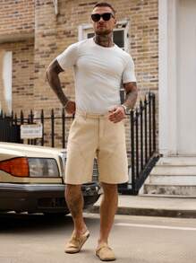 Manfinity Homme 男士纯色简约休闲牛仔短裤 - 卡其色 - 查看 3