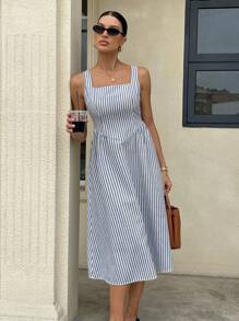 Siren Gaze Women Striped Print Square Neck Sleeveless Mid-Calf Summer Dress Vacation Casual Blue Holiday Resort - Navy Blue - View 4