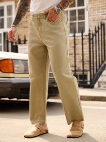 Manfinity Homme Jeans de mezclilla rectos holgados versátiles casuales para hombres - Verde militar - Ver 6