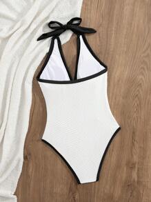 Swim Chiccia Đồ bơi liền thân chữ V sâu, vải giả nút đen trắng độc đáo mới, đồ bơi bó sát gợi cảm thanh lịch cho kỳ nghỉ bãi biển - Đen và trắng - Xem 4