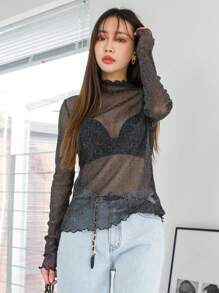 DAZY Áo lưới cổ bẻ viền rau diếp không có áo ngực, áo đi chơi, áo dài tay mỏng cho nữ, quần áo mùa thu cho nữ - màu đen - Xem 4