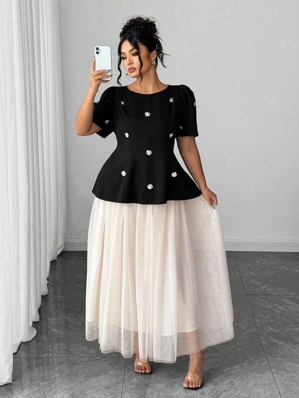Elenzga 2pcs Set: French Romantic 3D Flower Sequin Waist Cinched, Mid-Length Mesh Puff Skirt