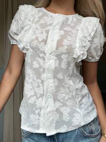 SHEIN EZwear Damen Unifarben transparente Bluse mit Knopfleiste, Rüschensaum und eleganten Kurzärmeln - Weiss - Übersicht 1
