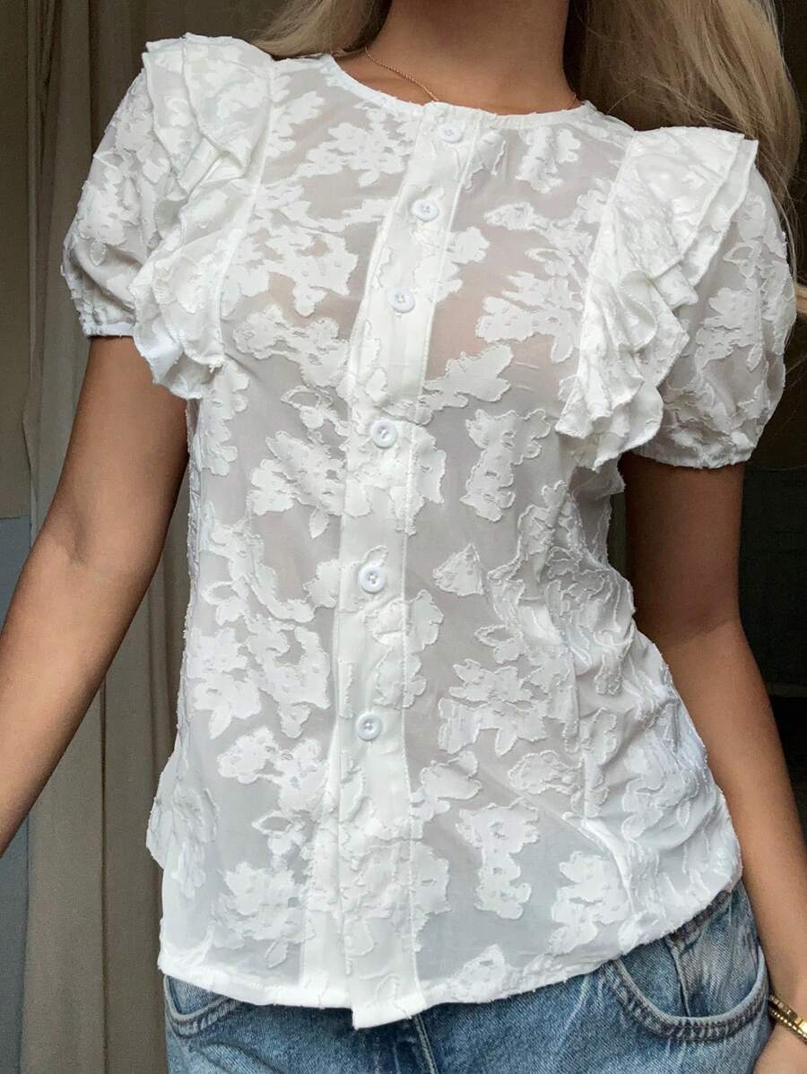 SHEIN EZwear Damen Unifarben transparente Bluse mit Knopfleiste, Rüschensaum und eleganten Kurzärmeln - Weiss - Übersicht 1