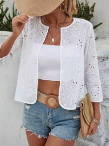 SHEIN PETITE 刺绣镂空白色女式夹克，休闲度假风圆领前开七分袖，日常百搭，舒适高性价比面料
