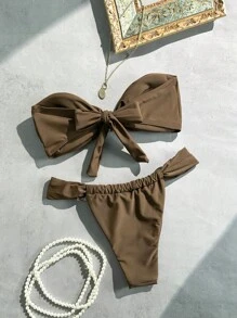 SHEIN Swim Springbreak 女士纯色抹胸贝壳装饰丁字裤比基尼套装，适合海滩度假 - 棕色 - 查看 2
