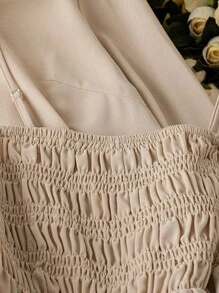 DreamSkyne 大码女式三件套：休闲纯色长袖衬衫、合身荷叶边吊带上衣和简约 A 字裙 - 杏色 - 查看 3