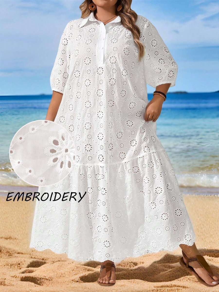 SHEIN CURVE+ Vestido estilo camisa de mujer talla grande con mangas de farol, dobladillo con volantes y bordado floral, para uso casual, vacaciones de verano, país, playa - Blanco - Ver 1