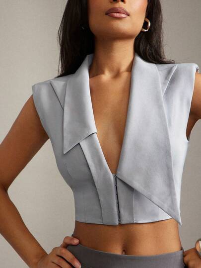 Hauture 女士优雅纯色垫肩无袖结构背心，适合办公室休闲性感风格