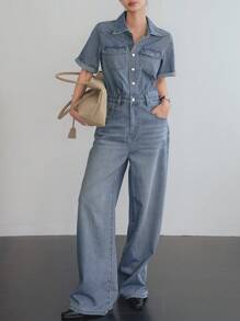 Dazy-Less Bộ đồ liền thân denim công sở rộng rãi, thoải mái, giặt sạch, có túi lớn, phù hợp cho mùa xuân, hè, thu, quần áo trở lại trường - Rửa trung bình - Xem 1