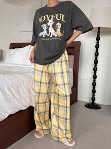DAZY Bộ đồ ngủ họa tiết chó và chữ thường ngày cho nữ kèm quần ống rộng kẻ sọc, quần áo trở lại trường - Màu xám đen - Xem 4