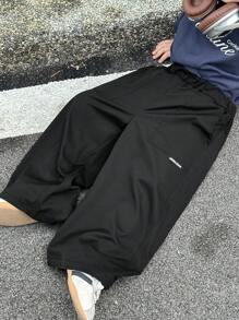 Dazy Kids 小男孩酷字母图案松紧腰斜口袋宽松阔腿裤 - 黑色 - 查看 2
