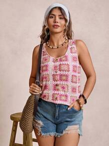 Freevana Plus Size Contrast Color Grandma Plaid Pattern Round Neck Sleeveless Single-Breasted Casual Summer Tank Top Summer - Multicolor - View 3