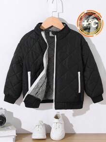 SHEIN Leap Crew 1 chiếc áo khoác có đệm họa tiết ô vuông màu cơ bản đơn giản cho bé trai có lót Sherpa, thích hợp mặc khi đi làm, đi học, mặc thường ngày, mẫu giáo, tiệc sinh nhật, tiệc tối, đám cưới, lễ rửa tội, lễ khai giảng, ngoài trời, thể thao, mùa thu/đông - màu đen - Xem 4