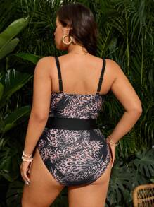 SHEIN Swim Curve Plus Size Women's Leopard & Leaves Print Patchwork One-Piece Swimsuit For Summer Beach Vacation - Multicolor - View 2