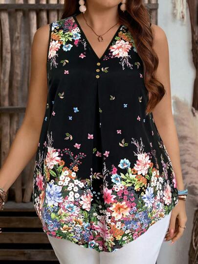 EMERY ROSE 大码女式休闲宽松花卉印花无袖衬衫