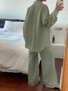 Livesso Ensemble tailleur décontracté et ample à manches longues pour femme, tenue d'été professionnelle - Vert - Voir 2