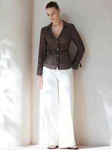 Aveloria Modichic Brown V-Neck Blouse, Featuring Ruched Waist Design For Added Texture, Stylish Cuff Details For Women Fall Cloth For Women - Brown - View 3
