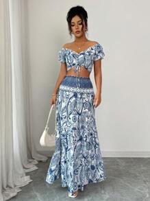 Elenzga 2 Pieces Set: Women's Print Cropped Shirt And Skirt