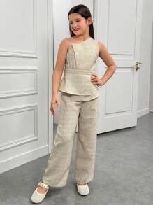 SHEIN 青少年女孩两件套休闲简约舒适不对称下摆吊带背心和裤子套装 - 杏色 - 查看 3