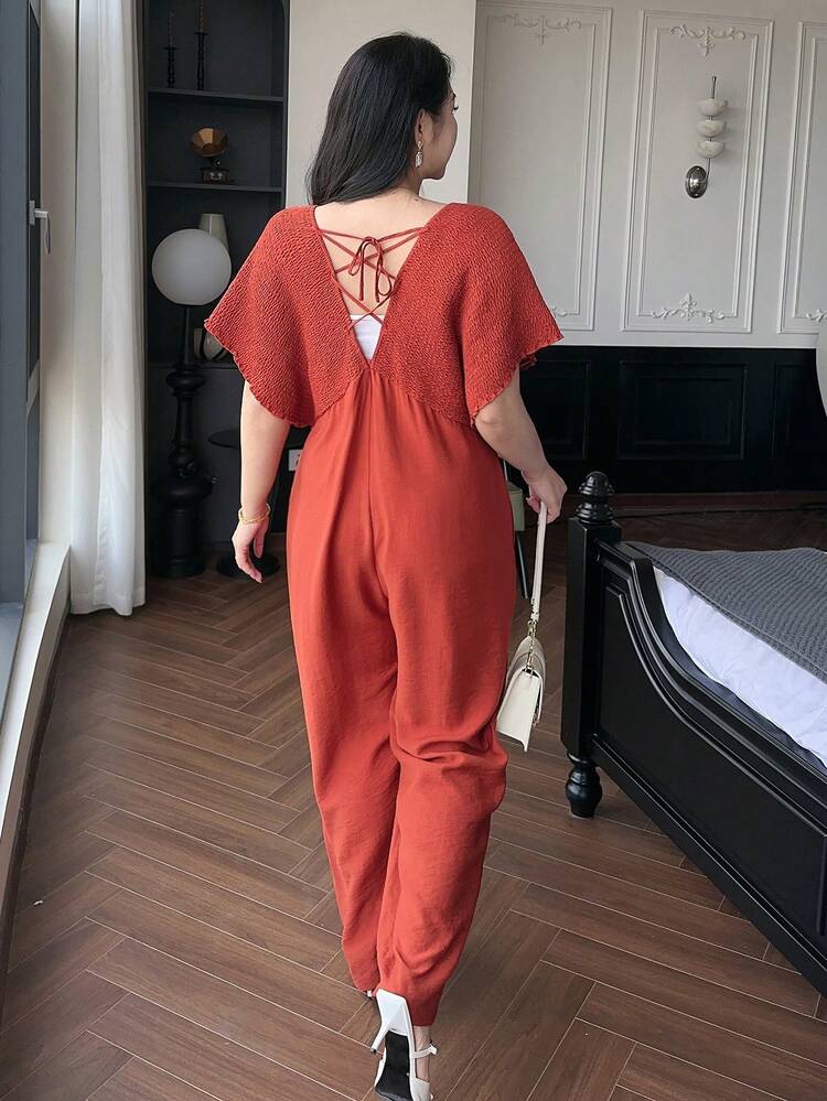 Dazy Plus Plus Size Shirred Loose Patchwork Long Jumpsuit, Back To School Clothes Jumpsuit Lounge Sets For Women