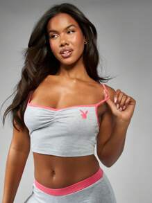 Missguided x Playboy Collection Co-Ord Ruched Front Short Set Loungewear Cami And Boy Short Comfort Set - Light Grey - View 5