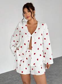 Firerie Plus Size Summer Casual Heart Embroidered Shirt & Shorts 2 Pieces Set - White - View 5