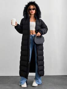 EURMUSE Petite Size Faux Fur Hooded Puffer Long Length Coat, Pasek, Metalowy Zamek Błyskawiczny I Akcesoria, Ciepły I Elegancki - Czarne - Zobacz 4