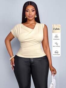 Maweii Plus Size Women's Fashion Solid Color Spring And Summer Cross Neck Casual Simple Short Sleeve T-Shirt, Versatile Tops - Apricot - View 6