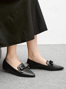 CUCCOO BIZCHIC Women's Pointed Toe Flat Black Bow Metal Buckle Comfortable Elegant Office Work Shoes