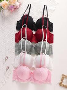 SHEIN 5件套女士蕾丝内衣文胸带钢圈，可拆卸胸垫