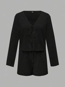 Chiquease Damska sukienka w jednolitym kolorze, z dekoltem w kształcie litery V, z długim rękawem i regulowanym wiązaniem w talii – zestaw 2-częściowy - Czarne - Zobacz 1