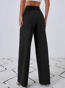 EURMUSE Solid Slant Pocket Wide Leg Suit Pants - Black - View 3