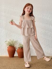 SHEIN Bộ 2 món áo tay bèo nhún họa tiết hoa và quần ống rộng dáng rộng cho bé gái - Màu Khaki - Xem 4