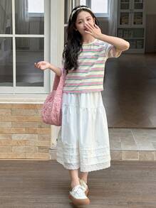 Dazy Kids Conjunto de 2 piezas para niña preadolescente con camiseta de punto de manga corta de cuello redondo a rayas + falda, ropa de verano y para volver al colegio - Blanco - Ver 6